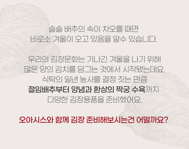 슬슬 배추의 속이 차오를 때면 비로소 겨울이 오고 있음을 알 수 있습니다. 우리의 김장문화는 기나긴 겨울을 나기 위해 많은 양의 김치를 담그는 것에서 시작됐는데요. 식탁의 일년 농사를 결정 짓는 만큼 절임배추부터 양념과 환상의 짝궁 수육까지 다양한 김장용품을 준비했어요. 오아시스와 함께 김장 준비해보시는건 어떨까요?