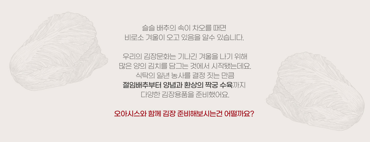 슬슬 배추의 속이 차오를 때면 비로소 겨울이 오고 있음을 알 수 있습니다. 우리의 김장문화는 기나긴 겨울을 나기 위해 많은 양의 김치를 담그는 것에서 시작됐는데요. 식탁의 일년 농사를 결정 짓는 만큼 절임배추부터 양념과 환상의 짝궁 수육까지 다양한 김장용품을 준비했어요. 오아시스와 함께 김장 준비해보시는건 어떨까요?