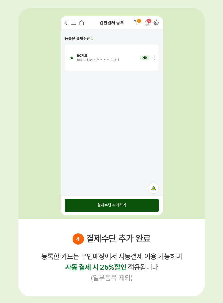 결제수단 추가 완료 - 등록한 카드는 무인매장에서 자동결제 이용 가능하며 자동 결제시 25% 할인 적용됩니다.(일부품목 제외)