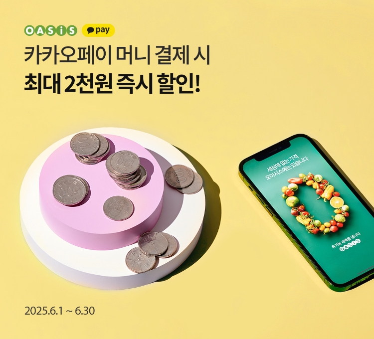 카카오페이 머니 결제 시 최대 2천원 즉시 할인 / 오아시스마켓x카카오페이 프로모션