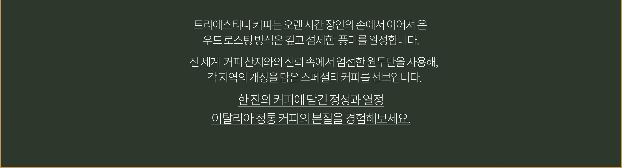 트리에스티나 커피는 오랜 시간 장인의 손에서 이어져 온 우드 로스팅 방식은 깊고 섬세한 풍미를 완성합니다. 전 세계 커피 산지와의 신뢰 속에서 엄선한 원두만을 사용해, 각 지역의 개성을 담은 스페셜티 커피를 선보입니다. 한 잔의 커피에 담긴 정성과 열정 이탈리아 정통 커피의 본질을 경험해보세요.