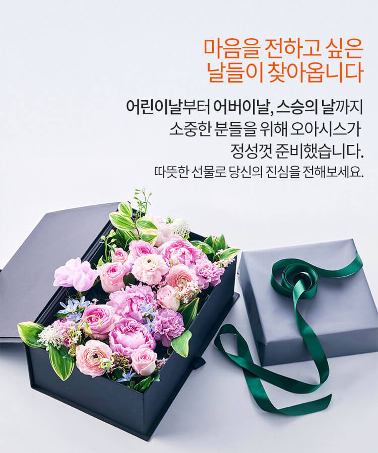 마음을 전하고 싶은 날들이 찾아옵니다. 어린이날부터 어버이날, 스승의날까지 소중한 분들을 위해 오아시스가 정성껏 준비했습니다. 따뜻한 선물로 당신의 진심을 전해보세요